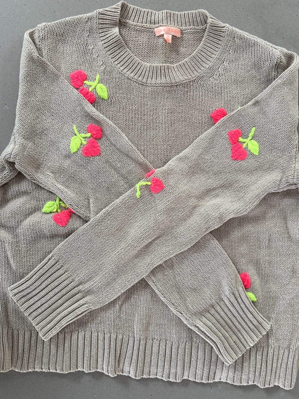 Lisa Todd Cherry Embroidered Cotton Sweater – Grey – Size M